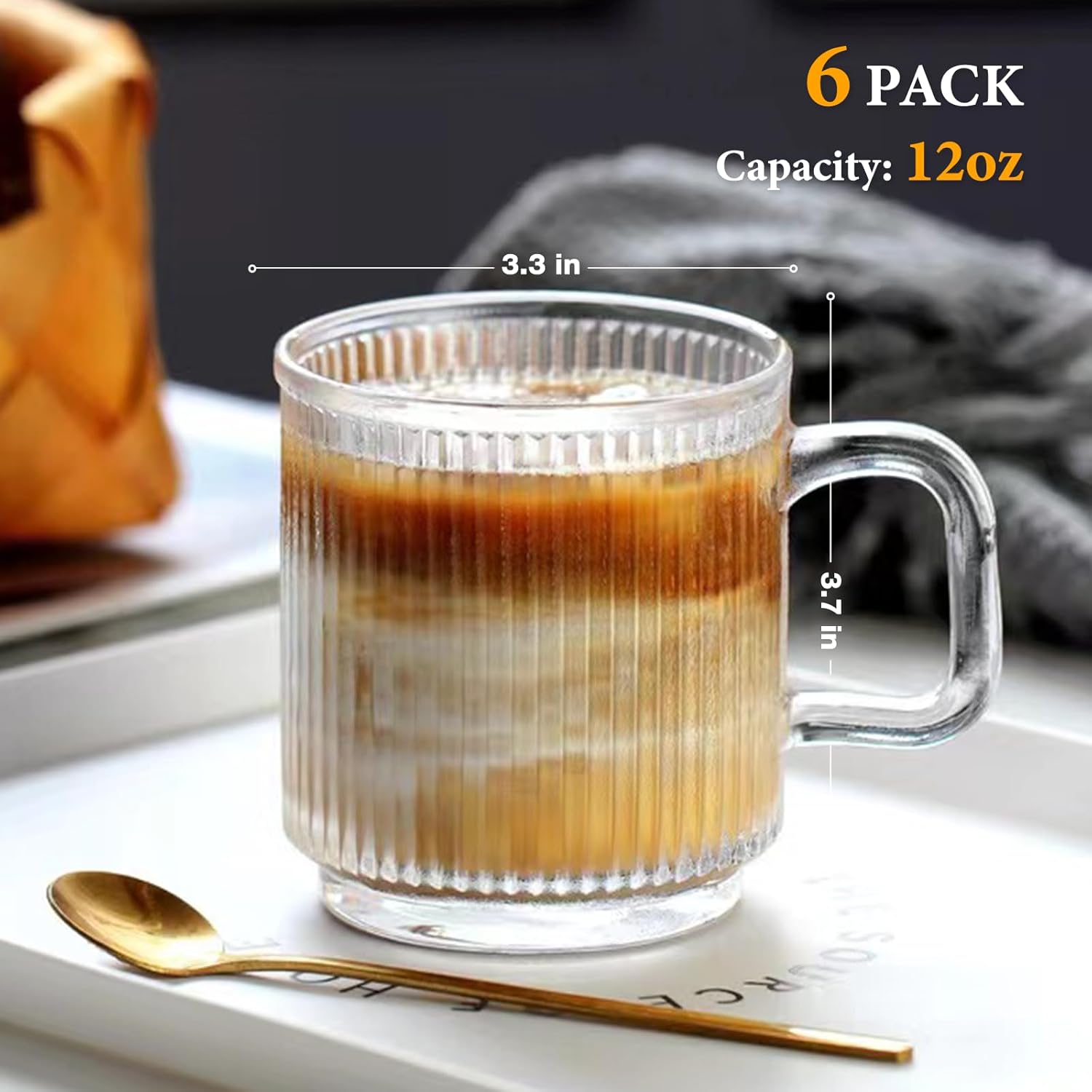 6 PACK Premium Glass Coffee Mugs with Handle, 12 OZ Classic Vertical Stripes Glass Coffee Cups, Transparent Tea Cup for Hot/Cold Beverages, Glassware Set for Americano, Latte, Cappuccino - Grand Goldman