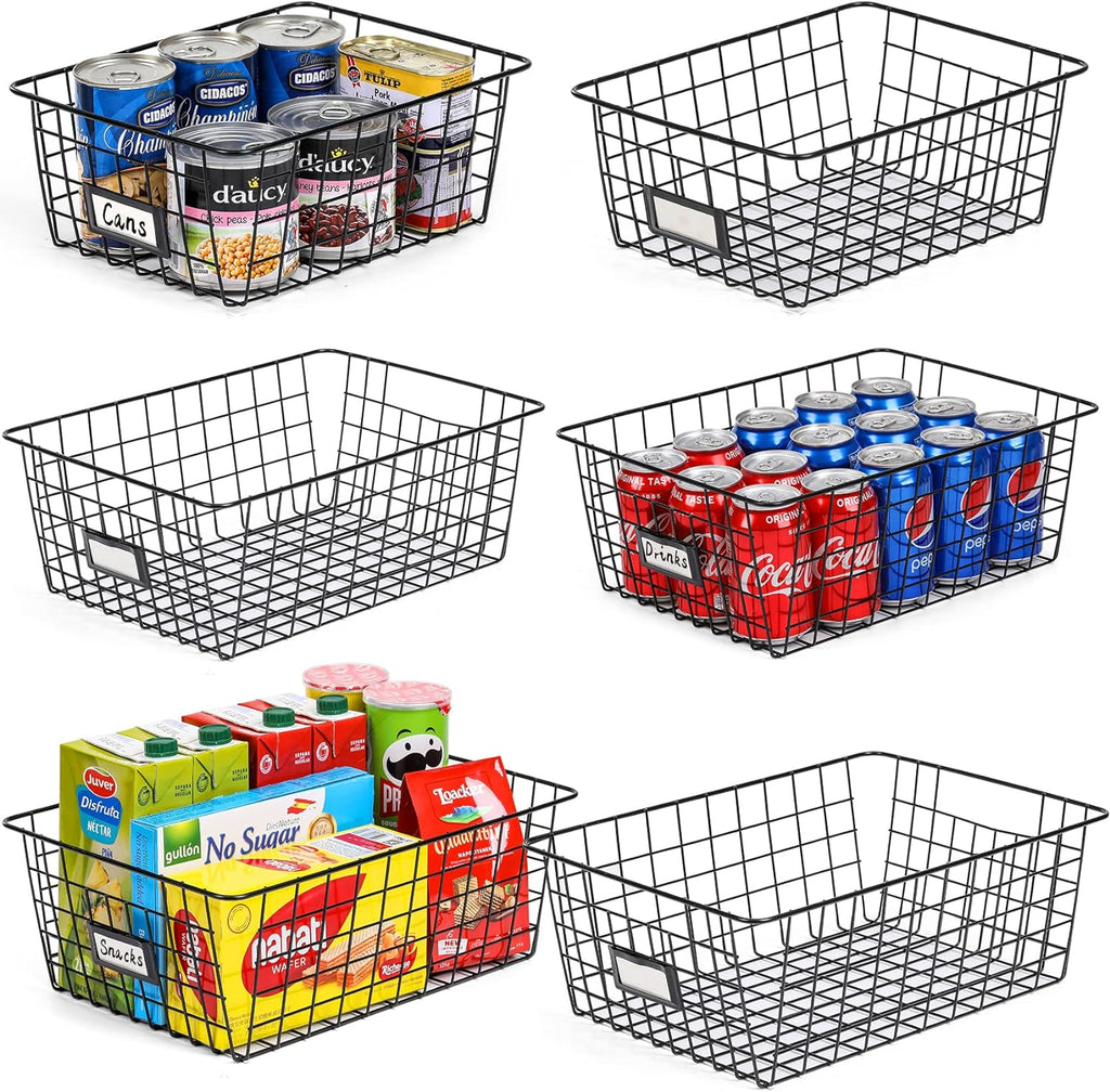 6 Pack [ Extra Large ] Wire Storage Baskets for Organizing with Lables, Pantry Organization Bins Cabinets - Metal Basket Kitchen, Laundry, Garage, Fridge, Bathroom Countertop Organizer, Black - Grand Goldman