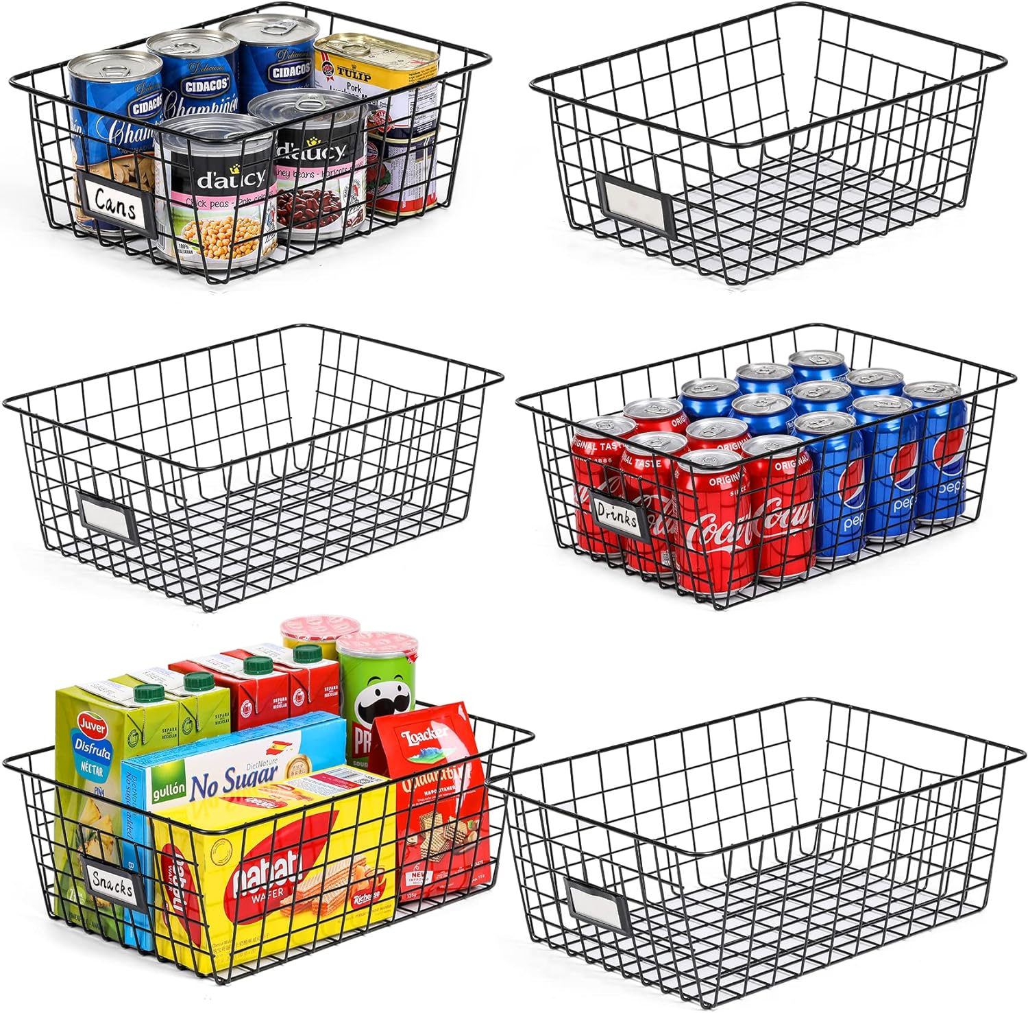 6 Pack [ Extra Large ] Wire Storage Baskets for Organizing with Lables, Pantry Organization Bins Cabinets - Metal Basket Kitchen, Laundry, Garage, Fridge, Bathroom Countertop Organizer, Black - Grand Goldman