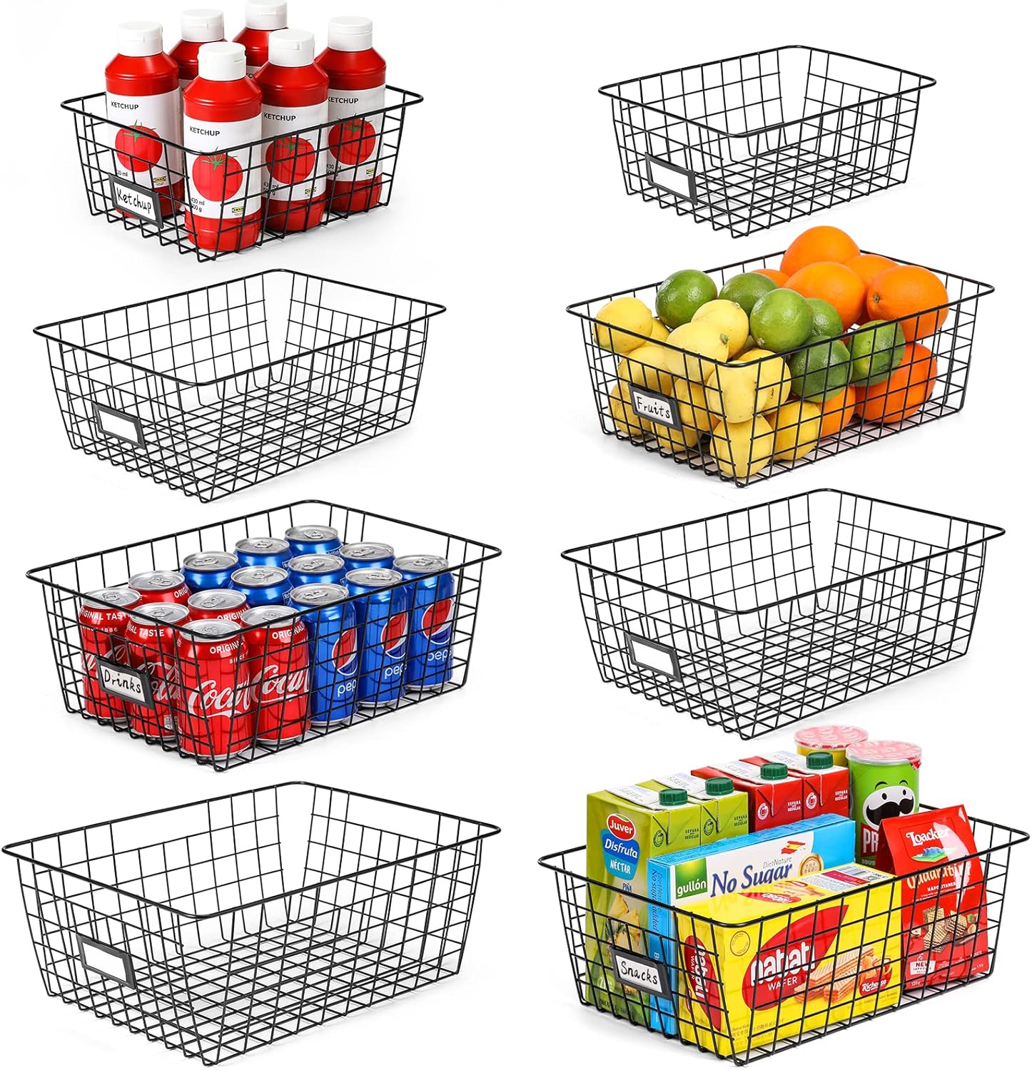 6 Pack [ Extra Large ] Wire Storage Baskets for Organizing with Lables, Pantry Organization Bins Cabinets - Metal Basket Kitchen, Laundry, Garage, Fridge, Bathroom Countertop Organizer, Black - Grand Goldman