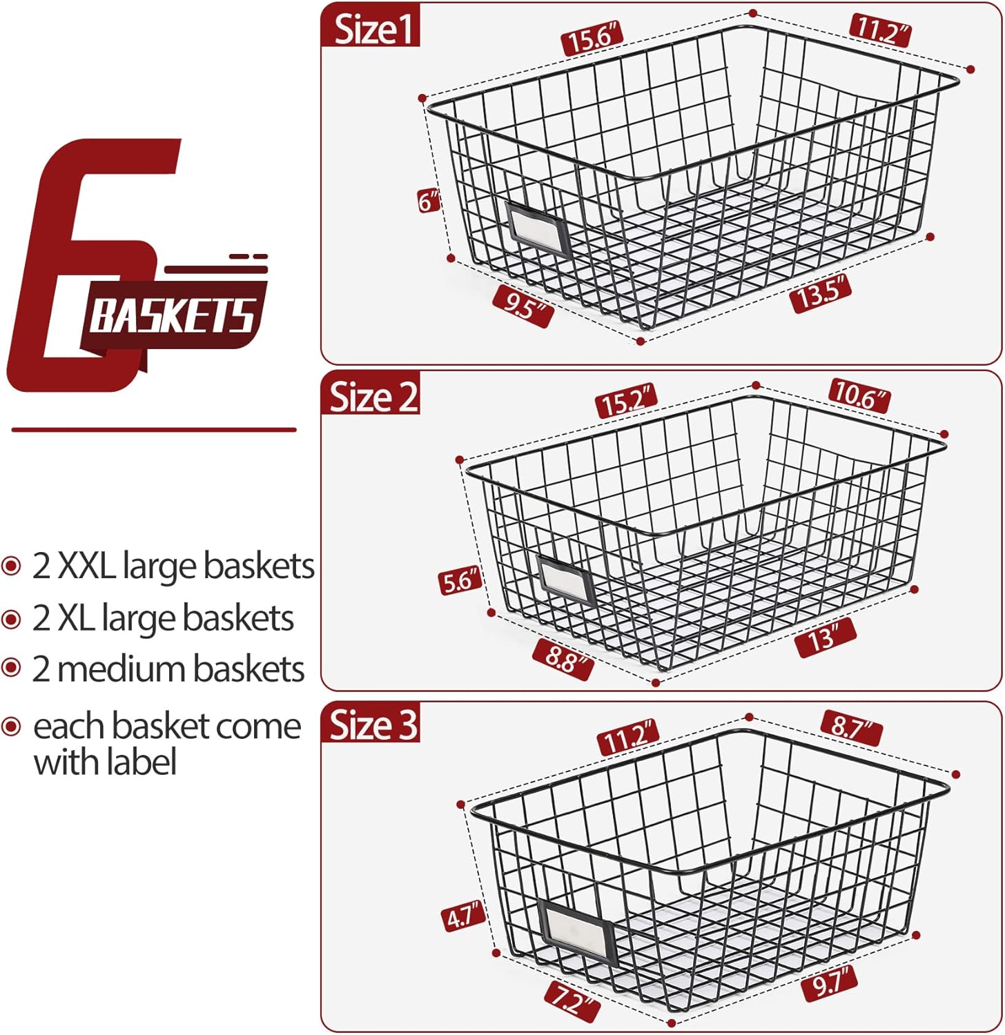 6 Pack [ Extra Large ] Wire Storage Baskets for Organizing with Lables, Pantry Organization Bins Cabinets - Metal Basket Kitchen, Laundry, Garage, Fridge, Bathroom Countertop Organizer, Black - Grand Goldman