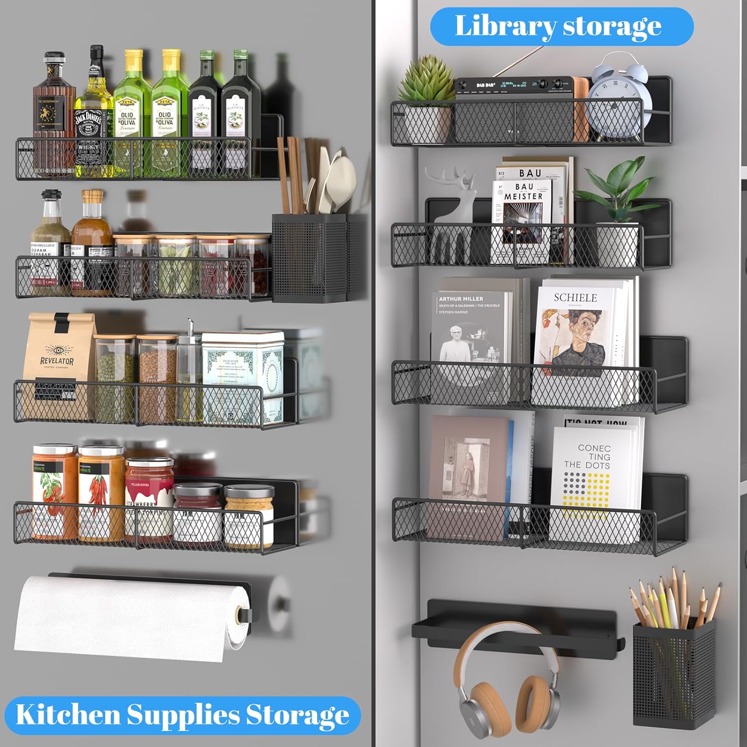 6 Pack Magnetic Shelves for Washing Machine, Magnetic Spice Rack Organizer for Refrigerator, Magnetic Shelf with Hanger Organizer, Tool Holder, Metal Magnetic Laundry Organization and Storage, Black - Grand Goldman