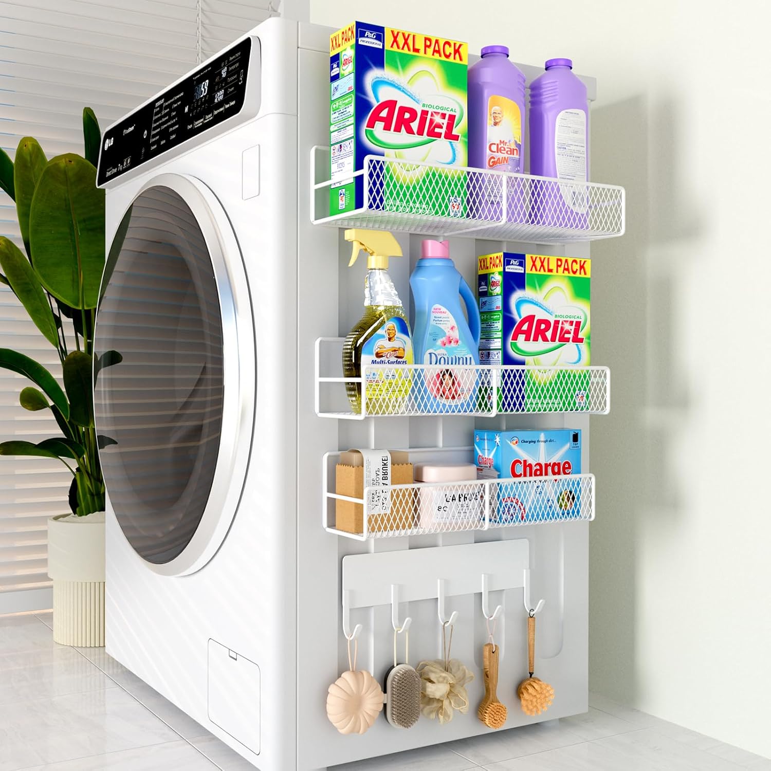 6 Pack Magnetic Shelves for Washing Machine, Magnetic Spice Rack Organizer for Refrigerator, Magnetic Shelf with Hanger Organizer, Tool Holder, Metal Magnetic Laundry Organization and Storage, Black - Grand Goldman