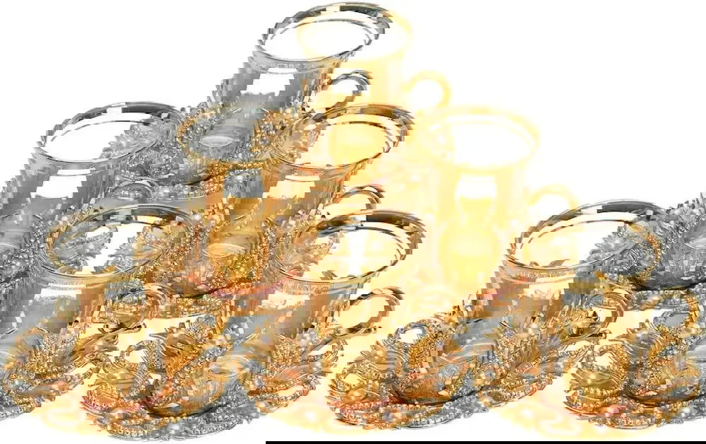 6 Pcs Elegant Turkish Tea and Coffee Glasses with Swarovski Decorated Holders, Saucers, Spoons – Luxury Gold Design, Made in Turkey, Perfect for Gifting and Special Occasions - Grand Goldman
