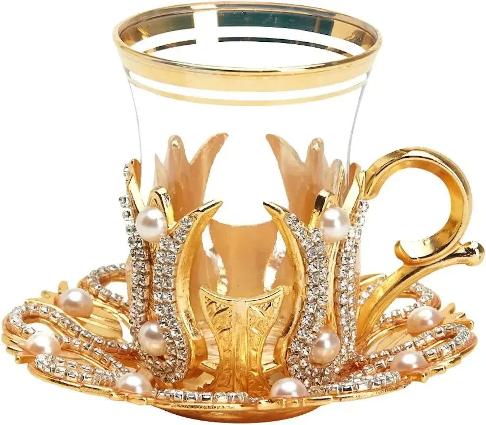 6 Pcs Elegant Turkish Tea and Coffee Glasses with Swarovski Decorated Holders, Saucers, Spoons – Luxury Gold Design, Made in Turkey, Perfect for Gifting and Special Occasions - Grand Goldman