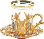 6 Pcs Elegant Turkish Tea and Coffee Glasses with Swarovski Decorated Holders, Saucers, Spoons – Luxury Gold Design, Made in Turkey, Perfect for Gifting and Special Occasions - Grand Goldman