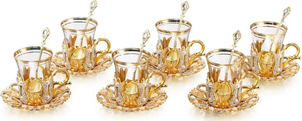 6 Pcs Elegant Turkish Tea and Coffee Glasses with Swarovski Decorated Holders, Saucers, Spoons – Luxury Gold Design, Made in Turkey, Perfect for Gifting and Special Occasions - Grand Goldman