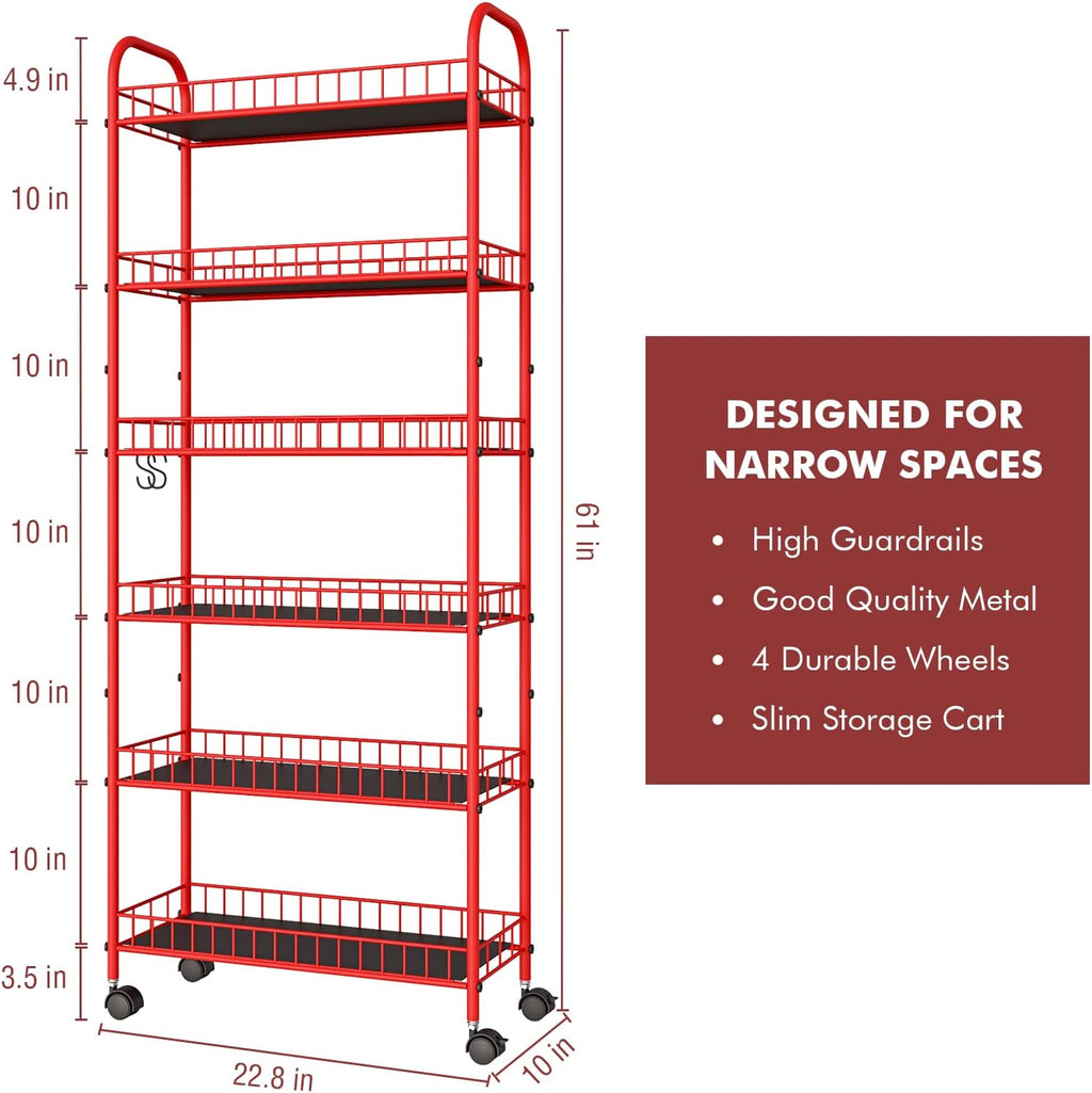 6 Tier Slim Storage Cart with Wheels, Metal Mobile Shelving Unit Organizer Utility Cart for Office Bathroom Kitchen Laundry Room Narrow Places (6inches) - Grand Goldman