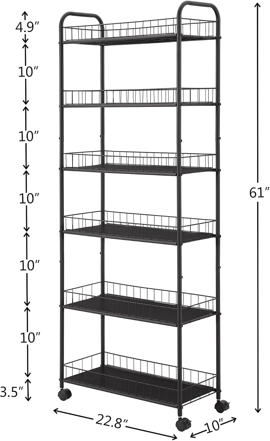 6 Tier Slim Storage Cart with Wheels, Metal Mobile Shelving Unit Organizer Utility Cart for Office Bathroom Kitchen Laundry Room Narrow Places (6inches) - Grand Goldman