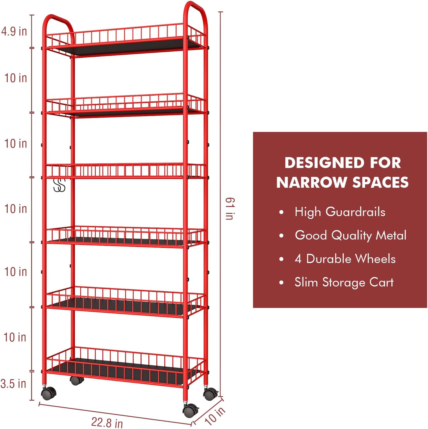 6 Tier Slim Storage Cart with Wheels, Metal Mobile Shelving Unit Organizer Utility Cart for Office Bathroom Kitchen Laundry Room Narrow Places (6inches) - Grand Goldman