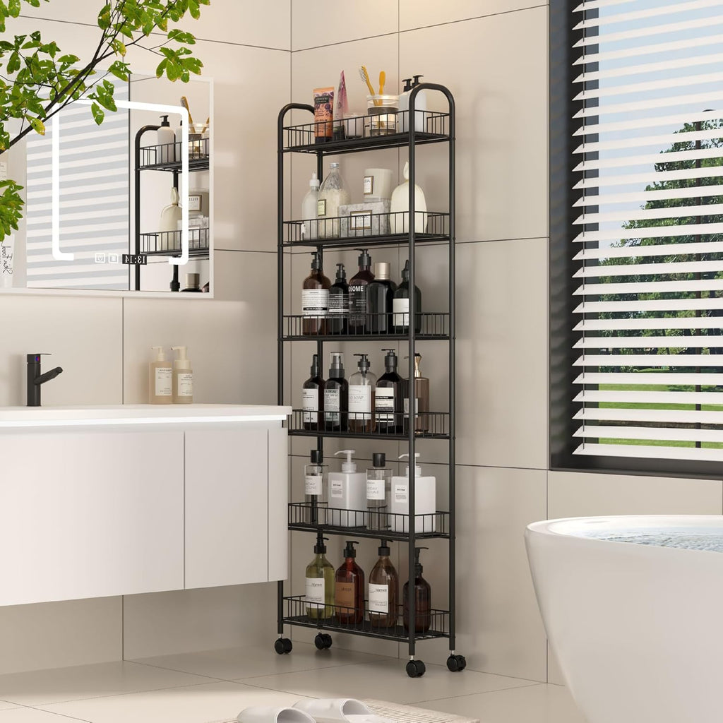 6 Tier Slim Storage Cart with Wheels, Metal Mobile Shelving Unit Organizer Utility Cart for Office Bathroom Kitchen Laundry Room Narrow Places (6inches) - Grand Goldman