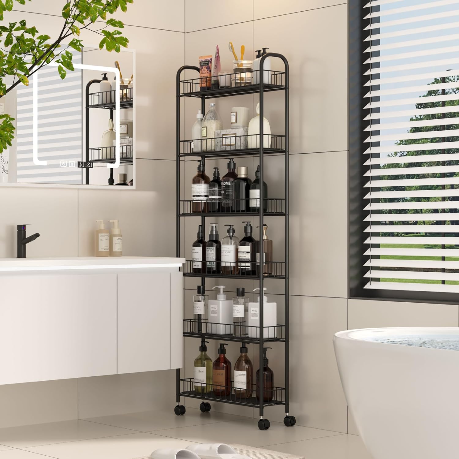 6 Tier Slim Storage Cart with Wheels, Metal Mobile Shelving Unit Organizer Utility Cart for Office Bathroom Kitchen Laundry Room Narrow Places (6inches) - Grand Goldman