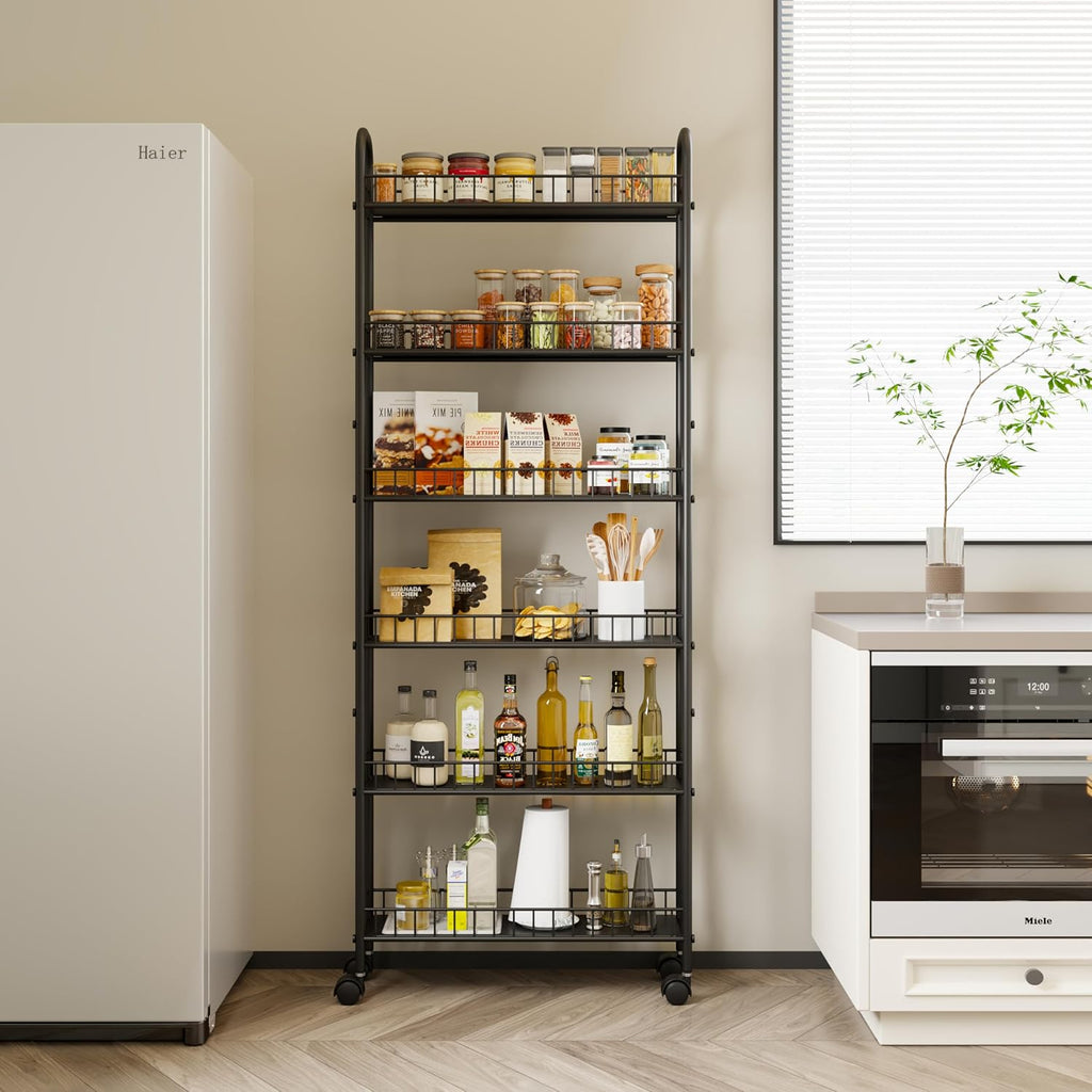 6 Tier Slim Storage Cart with Wheels, Metal Mobile Shelving Unit Organizer Utility Cart for Office Bathroom Kitchen Laundry Room Narrow Places (6inches) - Grand Goldman