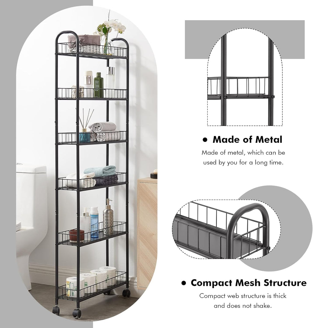 6 Tier Slim Storage Cart with Wheels, Metal Mobile Shelving Unit Organizer Utility Cart for Office Bathroom Kitchen Laundry Room Narrow Places (6inches) - Grand Goldman