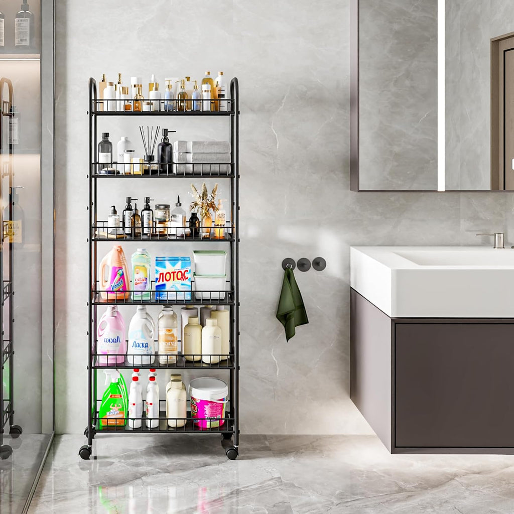 6 Tier Slim Storage Cart with Wheels, Metal Mobile Shelving Unit Organizer Utility Cart for Office Bathroom Kitchen Laundry Room Narrow Places (6inches) - Grand Goldman