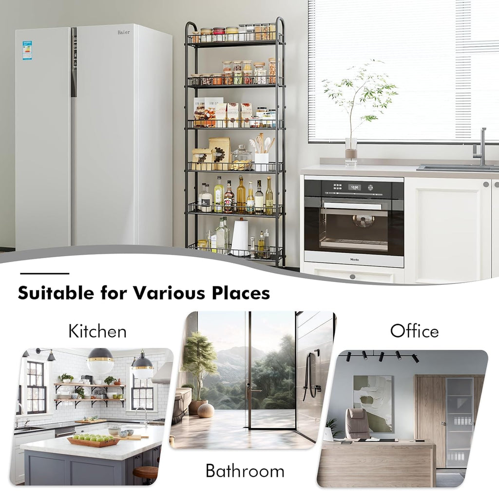 6 Tier Slim Storage Cart with Wheels, Metal Mobile Shelving Unit Organizer Utility Cart for Office Bathroom Kitchen Laundry Room Narrow Places (6inches) - Grand Goldman