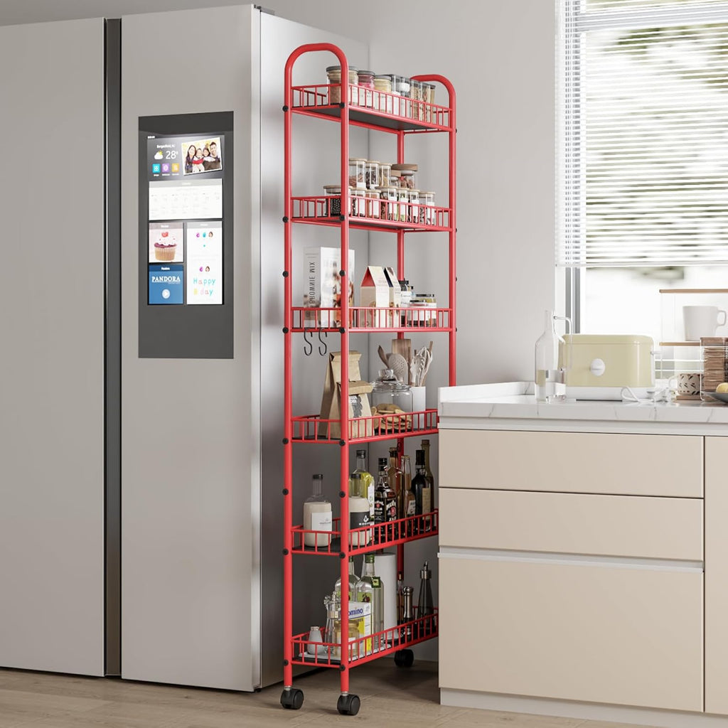 6 Tier Slim Storage Cart with Wheels, Metal Mobile Shelving Unit Organizer Utility Cart for Office Bathroom Kitchen Laundry Room Narrow Places (6inches) - Grand Goldman