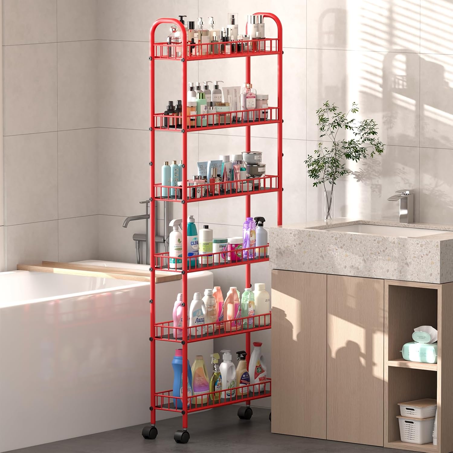 6 Tier Slim Storage Cart with Wheels, Metal Mobile Shelving Unit Organizer Utility Cart for Office Bathroom Kitchen Laundry Room Narrow Places (6inches) - Grand Goldman