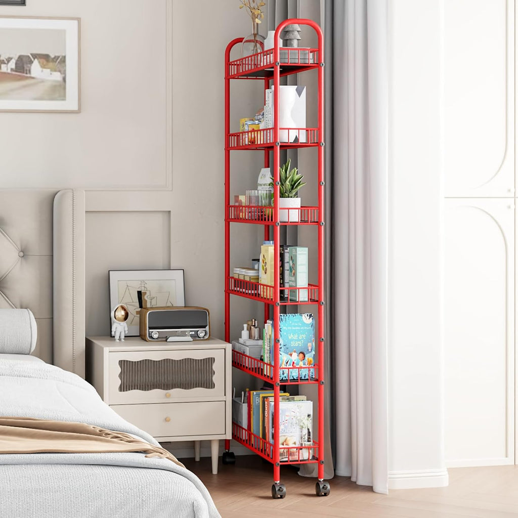 6 Tier Slim Storage Cart with Wheels, Metal Mobile Shelving Unit Organizer Utility Cart for Office Bathroom Kitchen Laundry Room Narrow Places (6inches) - Grand Goldman