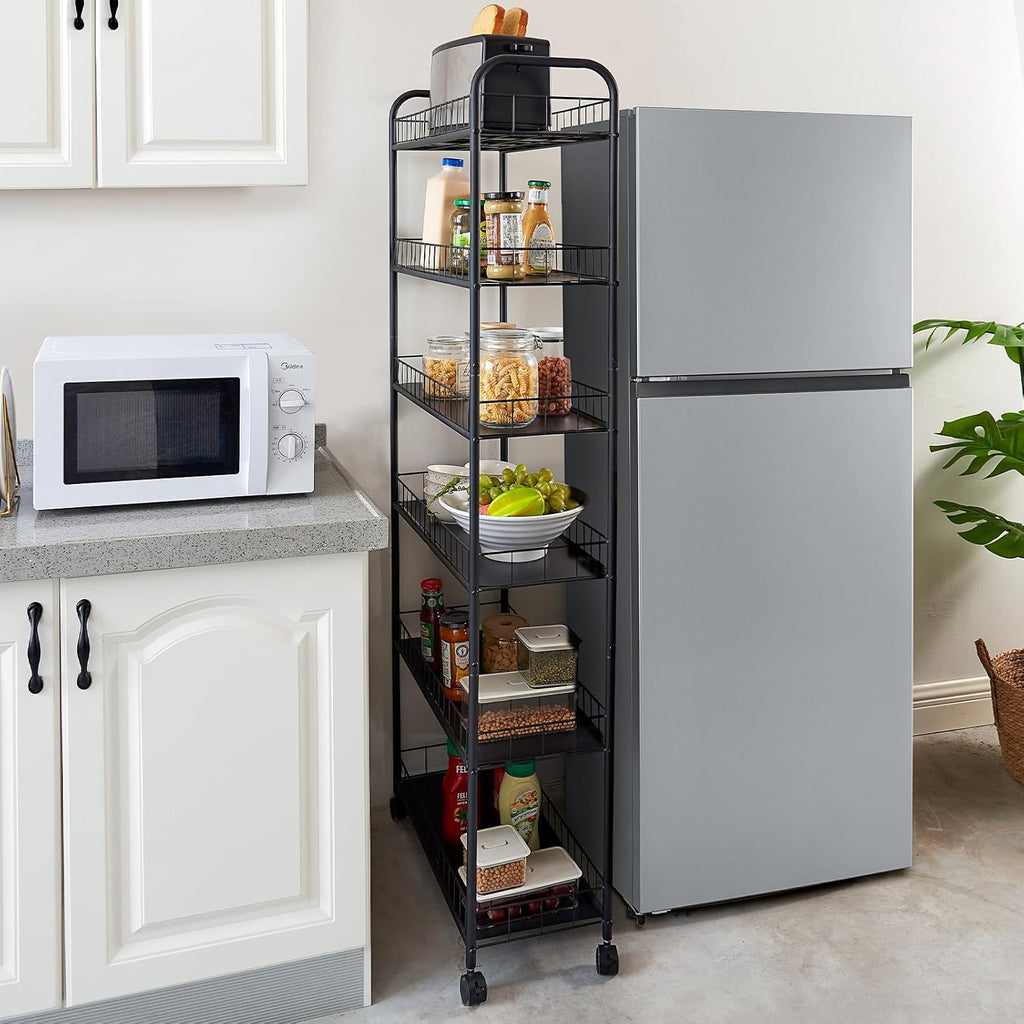 6 Tier Slim Storage Cart with Wheels, Metal Mobile Shelving Unit Organizer Utility Cart for Office Bathroom Kitchen Laundry Room Narrow Places (6inches) - Grand Goldman