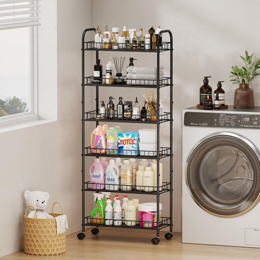 6 Tier Slim Storage Cart with Wheels, Metal Mobile Shelving Unit Organizer Utility Cart for Office Bathroom Kitchen Laundry Room Narrow Places (6inches) - Grand Goldman