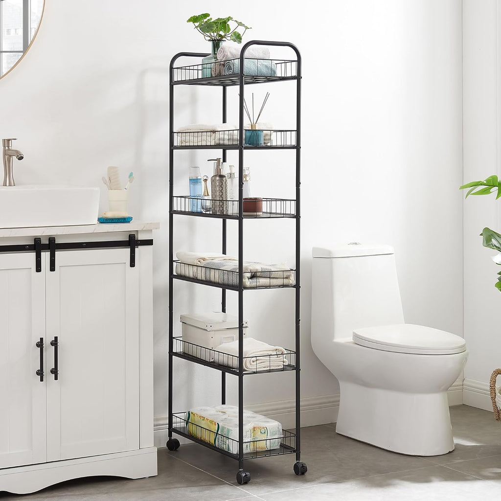 6 Tier Slim Storage Cart with Wheels, Metal Mobile Shelving Unit Organizer Utility Cart for Office Bathroom Kitchen Laundry Room Narrow Places (6inches) - Grand Goldman