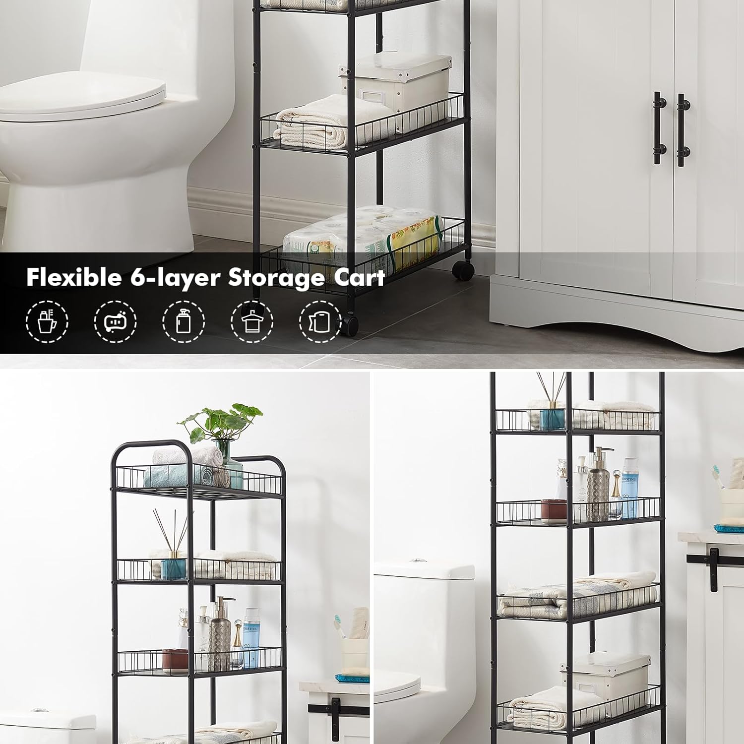 6 Tier Slim Storage Cart with Wheels, Metal Mobile Shelving Unit Organizer Utility Cart for Office Bathroom Kitchen Laundry Room Narrow Places (6inches) - Grand Goldman