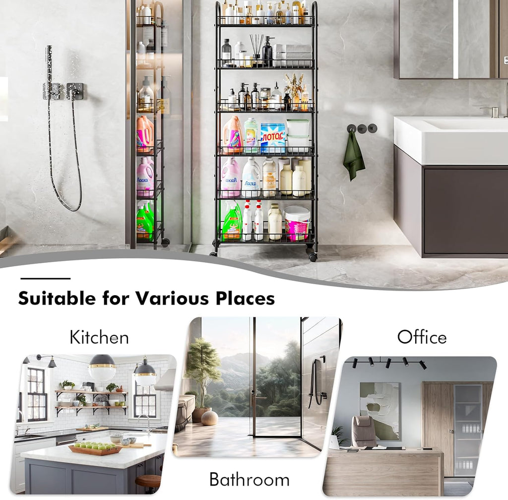 6 Tier Slim Storage Cart with Wheels, Metal Mobile Shelving Unit Organizer Utility Cart for Office Bathroom Kitchen Laundry Room Narrow Places (6inches) - Grand Goldman