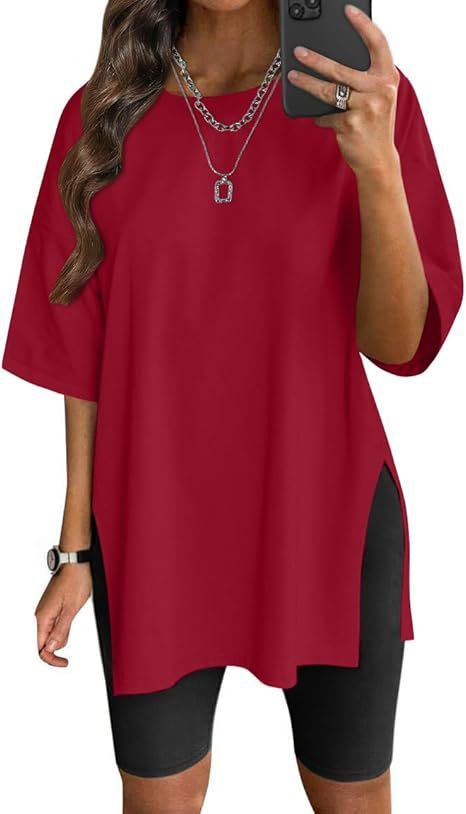 Women's Solid Color Split Short-sleeved T-shirt Round Neck Loose Top