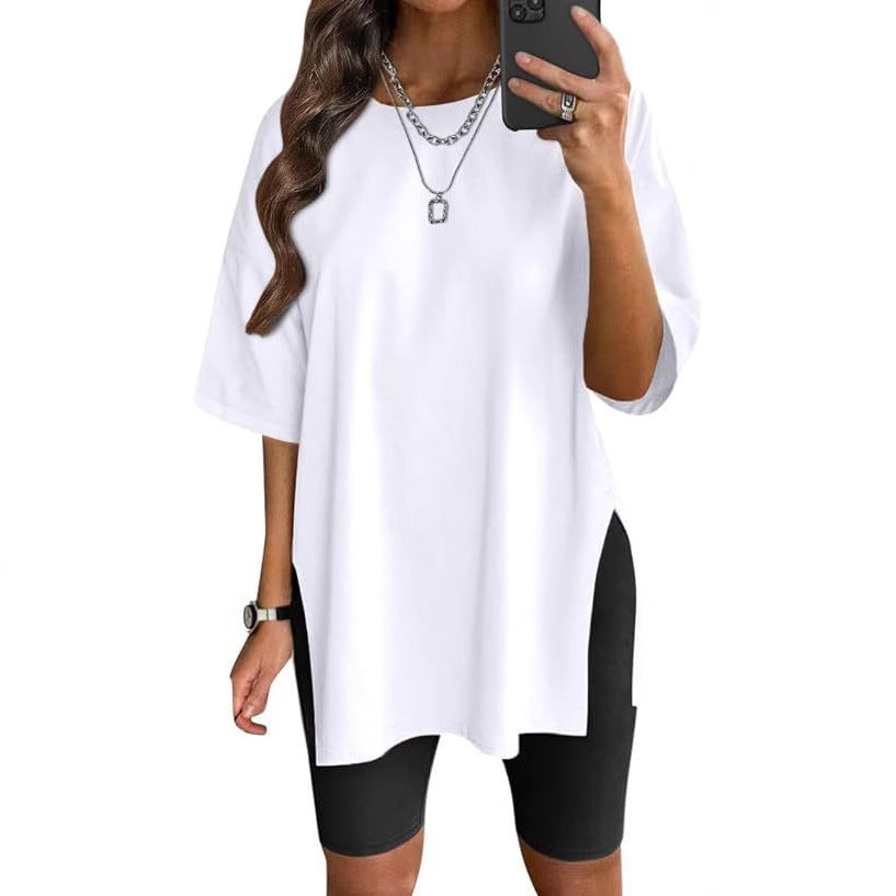 Women's Solid Color Split Short-sleeved T-shirt Round Neck Loose Top