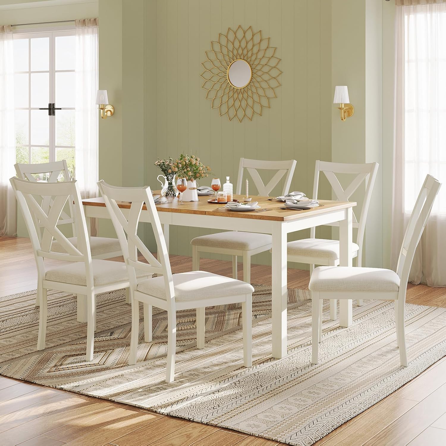 7-Piece Farmhouse Wood Dining Table Set with 6 Chairs, 60" Rectangular Dining Table & Chair Set for 6 People, Dining Table with Solid Wood Legs, Table Set for Dining room, Kitchen, Rustic White - Grand Goldman