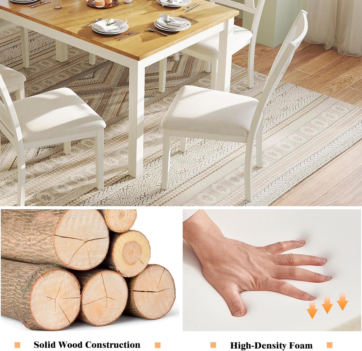 7-Piece Farmhouse Wood Dining Table Set with 6 Chairs, 60" Rectangular Dining Table & Chair Set for 6 People, Dining Table with Solid Wood Legs, Table Set for Dining room, Kitchen, Rustic White - Grand Goldman