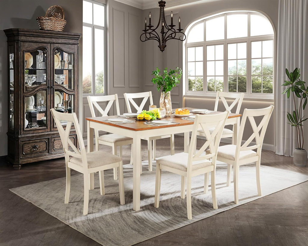 7-Piece Farmhouse Wood Dining Table Set with 6 Chairs, 60" Rectangular Dining Table & Chair Set for 6 People, Dining Table with Solid Wood Legs, Table Set for Dining room, Kitchen, Rustic White - Grand Goldman