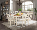 7-Piece Farmhouse Wood Dining Table Set with 6 Chairs, 60" Rectangular Dining Table & Chair Set for 6 People, Dining Table with Solid Wood Legs, Table Set for Dining room, Kitchen, Rustic White - Grand Goldman
