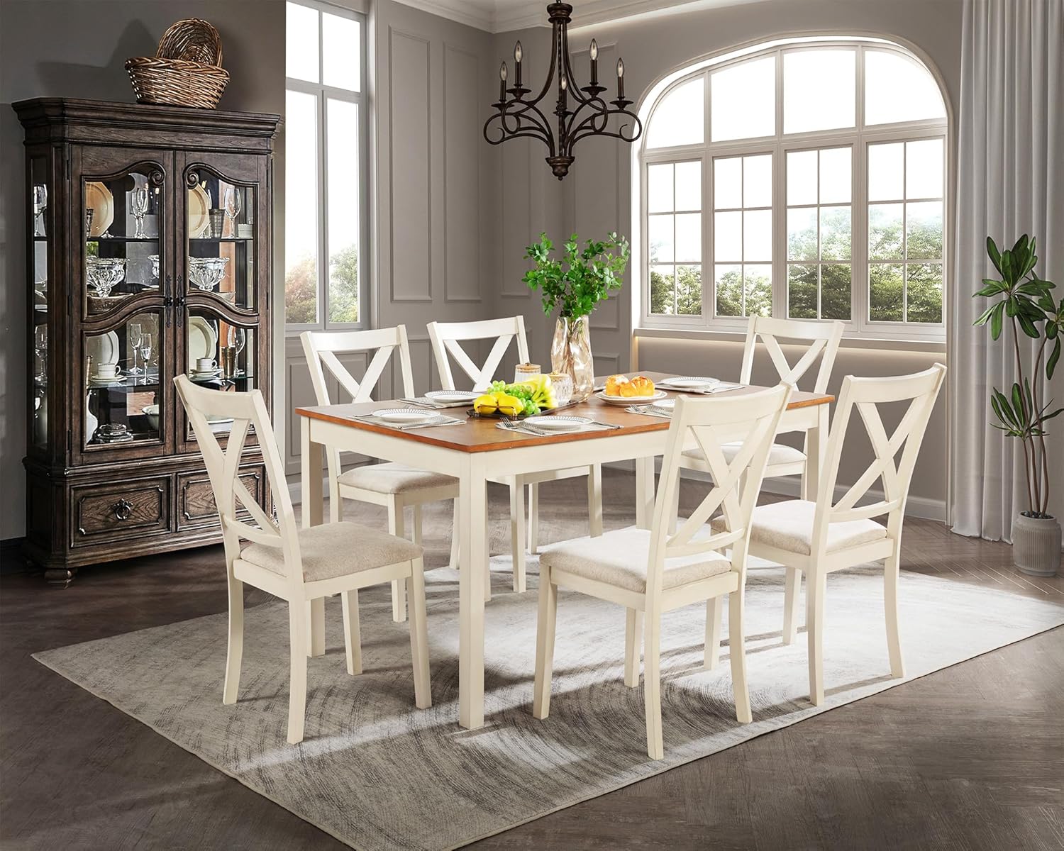 7-Piece Farmhouse Wood Dining Table Set with 6 Chairs, 60" Rectangular Dining Table & Chair Set for 6 People, Dining Table with Solid Wood Legs, Table Set for Dining room, Kitchen, Rustic White - Grand Goldman