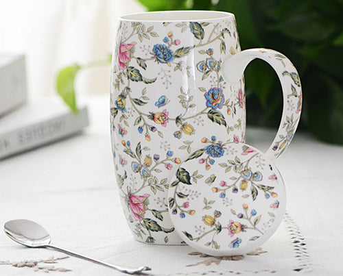 Bone China Breakfast Household Ceramic Large-capacity Mug With Lid Spoon Porcelain Oversized Waist Drum Cup