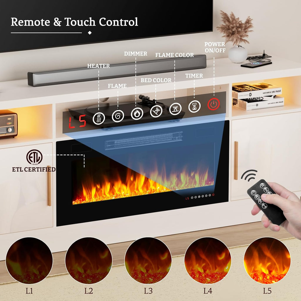 70'' TV Stand with 36'' Fireplace-LED Light Entertainment Center for 75+ inch TV-White TV Cabinet with Storage, Modern TV Console for Living Room - Grand Goldman