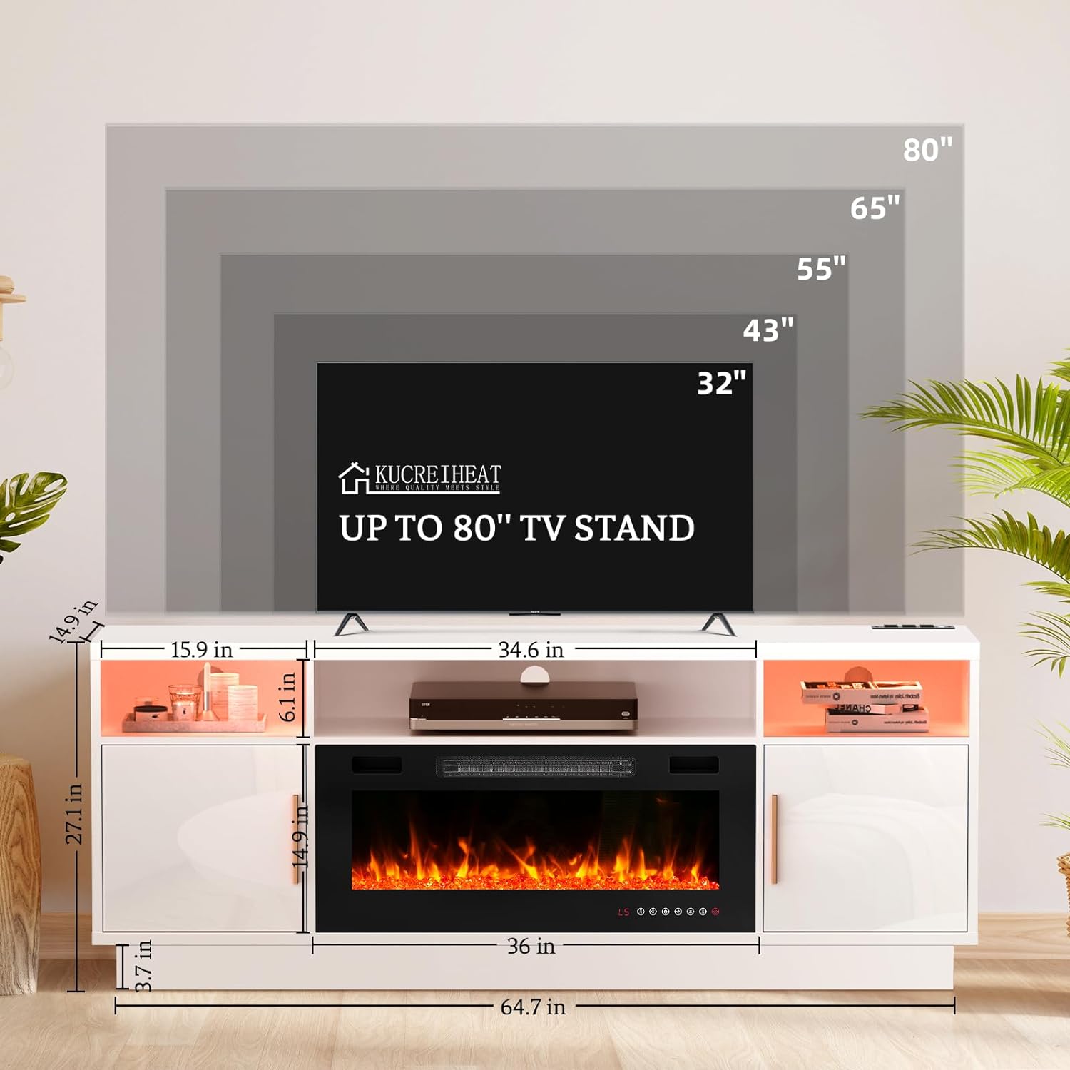 70'' TV Stand with 36'' Fireplace-LED Light Entertainment Center for 75+ inch TV-White TV Cabinet with Storage, Modern TV Console for Living Room - Grand Goldman