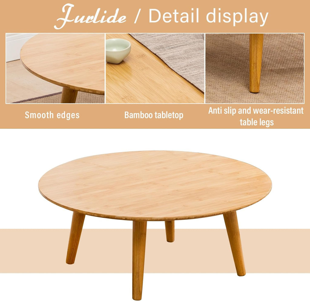 Round Bamboo Small Coffee Table, Low Japanese Style Table for Living Room, Mid Century Circle Coffee Table, 23.6'' Sofa Side End Tables for Sitting on The Floor