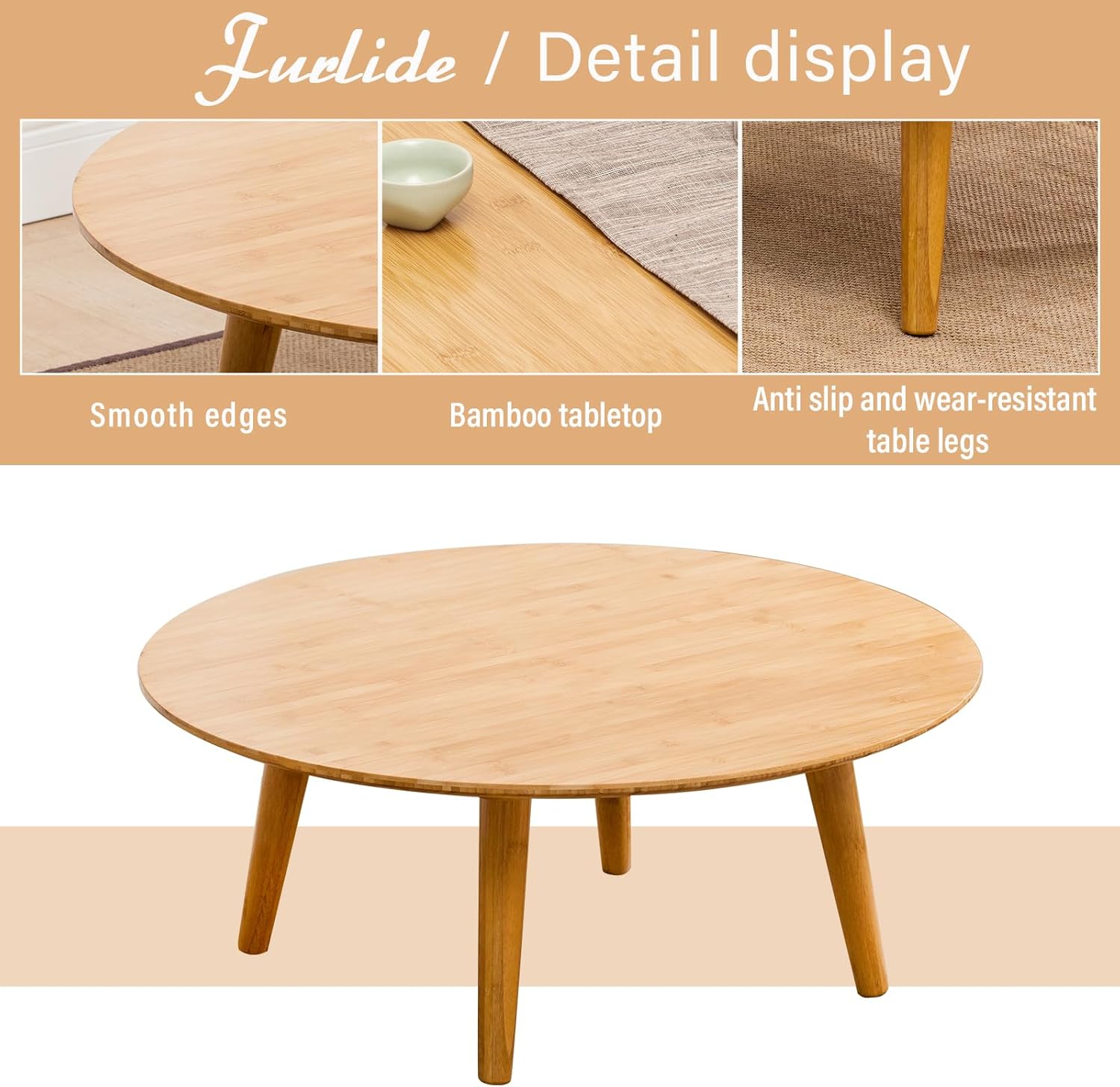 Round Bamboo Small Coffee Table, Low Japanese Style Table for Living Room, Mid Century Circle Coffee Table, 23.6'' Sofa Side End Tables for Sitting on The Floor