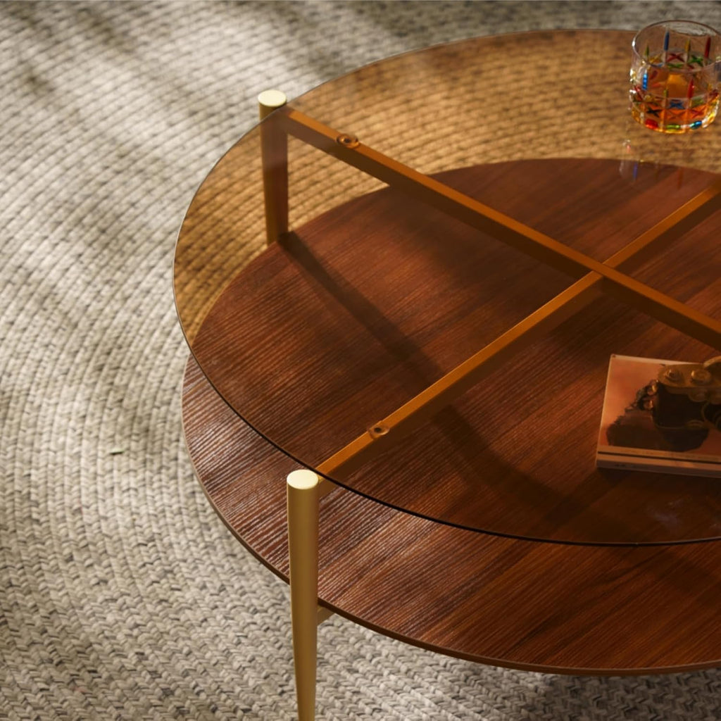 Saint Mossi Glass Round Coffee Table for Living Room, Middle-Century Modern Style, Coffee Brown Glass Top & Walnut Brown MDF Wood Top, with Gold Finish Legs & Frame