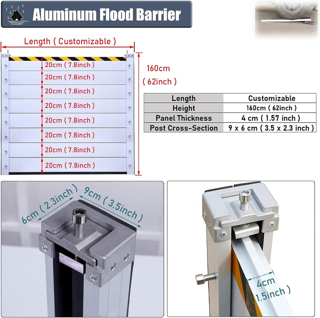 Metal Reusable Removable Flood Gate, Flood Preventing Barrier for Subways Garage, Thick Aluminum Flooding Water Barrier with Reflective Stickers, Length Customized(H-5.2ft(1.6m),L-8ft(2.44m))