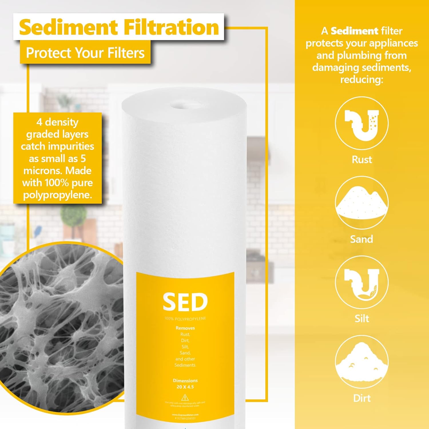 Express Water Whole House Heavy Metal Water Filter Set – 3 Stage Water Filtration Replacement Kit – Sediment, Carbon Block, KDF High Capacity Cartridge Filters – 5 Micron Water Filter 4.5” x 20” inch