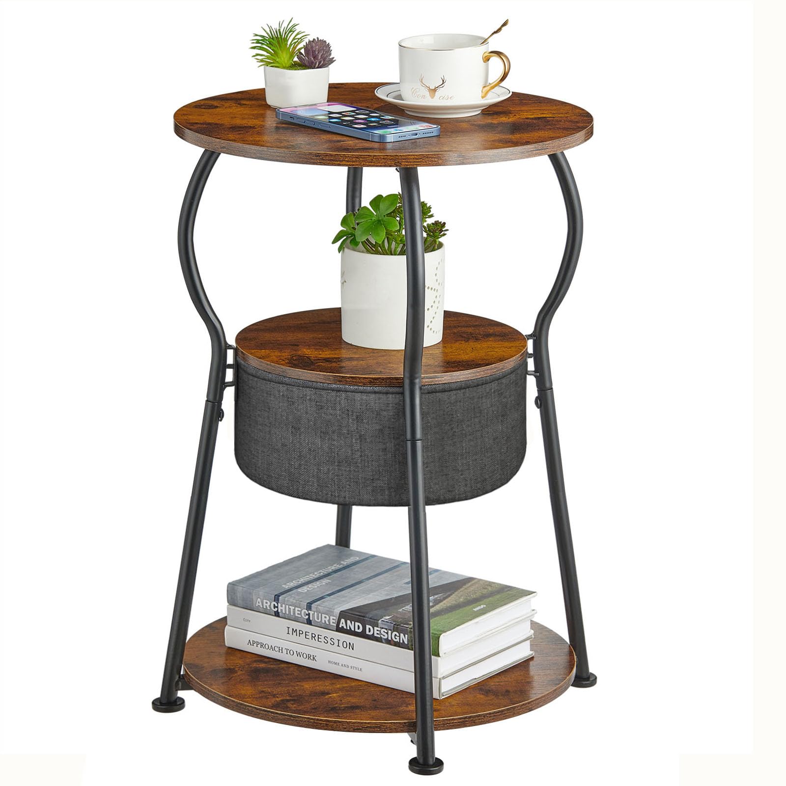 Small Round Side Table with Storage Bag, 3-Tier Accent Round End Table with Four Storage Functions for Living Room, 21.6" H Vintage Smalls Corner Table for Small Spaces Nightstand Bedroom