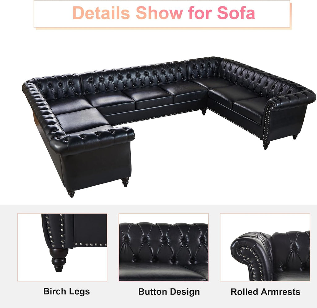 U Shaped Large Sectional Sofa, Chesterfield Leather Faux Couch Tufted Accent Sofa with Scroll Arms and Nailhead for Living Room, Office