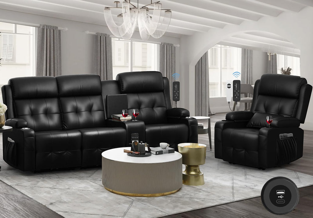 Recliner Sofa, Massage Reclining 3 Seater Sofa Sets Heavy Weight Capacity, RV Loveseat Clearance with Storage, Cup Holders, Wall Hugger Couches for Living Room