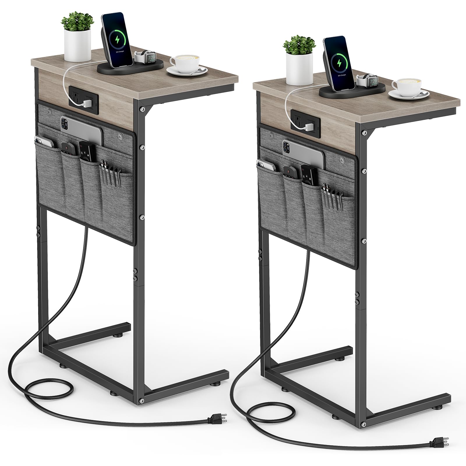 Vagusicc C Shaped End Table with Charging Station, 28" Tall Side Table for Couch, Sofa Table Small Couch Side Coffee Tables, Slide Under Sofa TV Tray Arm C Table for Living Room, Bedroom, Bedside