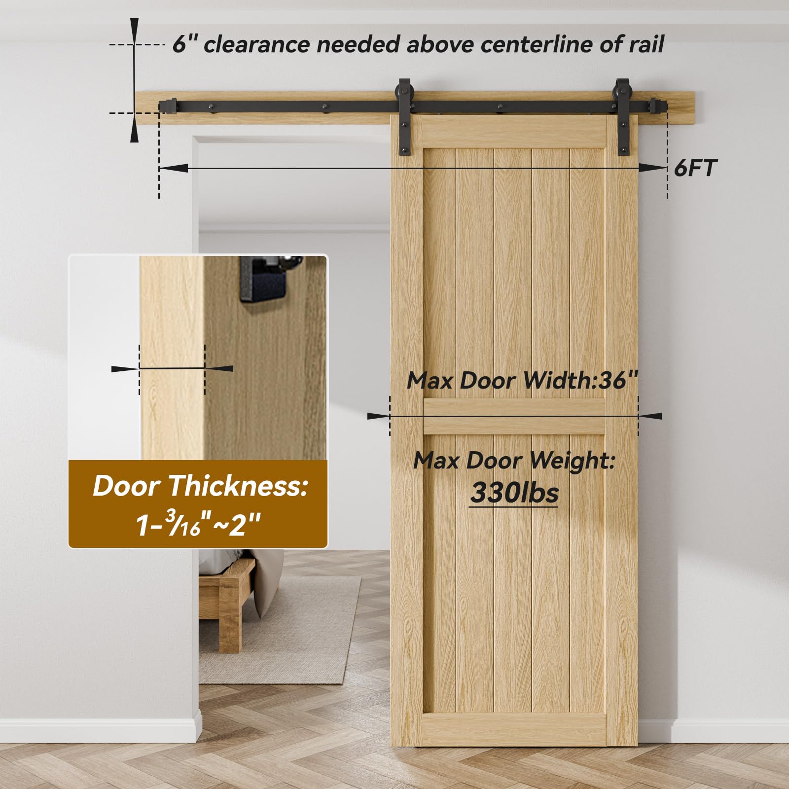 BONIKLUBA Kit de quincaillerie pour porte de grange coulissante de 6 pieds pour porte simple - Solide, fluide et silencieux - Haute résistance - Facile à installer, convient aux portes larges de 36" à 40" (cintre en forme de J)