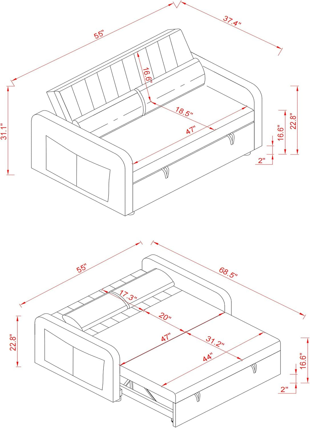 55'' Sofa Bed, Pull Out Sleeper Sofa Couch Bed, Loveseat Couch Bed, Futon Sofa Bed with Side Pocket, Convertible Sofa Bed for Living Room, Apartment, Bedroom, RV, Brown