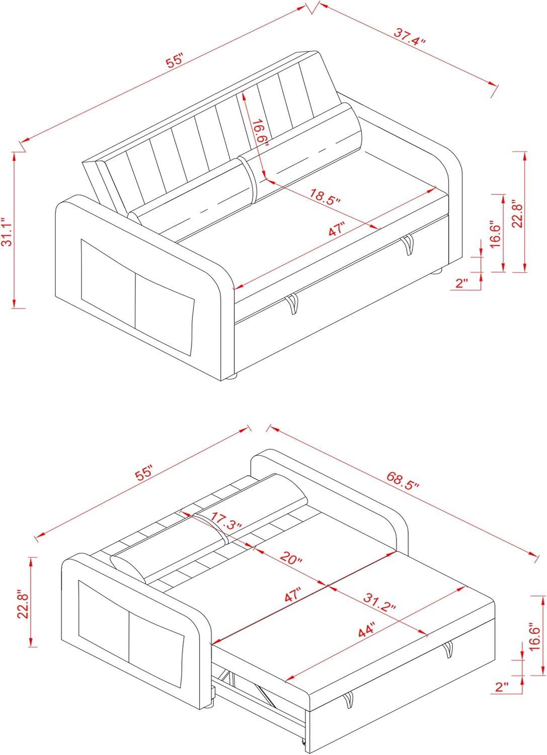 55'' Sofa Bed, Pull Out Sleeper Sofa Couch Bed, Loveseat Couch Bed, Futon Sofa Bed with Side Pocket, Convertible Sofa Bed for Living Room, Apartment, Bedroom, RV, Brown